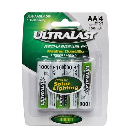 ULTRALAST Ultralast 3002917 1.2V Ni-Cad AA Solar Rechargeable Battery; ULN4AASL-1000 - Pack of 4 3002917